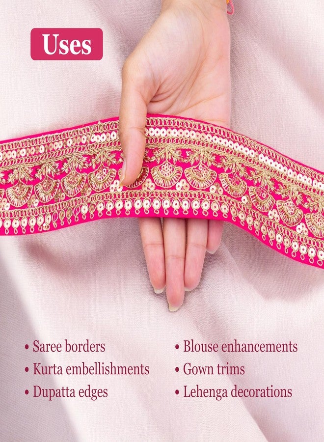 VEDHAK Sequence and Golden Embroidery Heavy Work Trim Lace Border Falls for Saree, Kurti, Dresses, Bandhani, Lehenga, Decorative Design Ribbon. (6 cm Width, 9 Meter, Pink) - Image 4